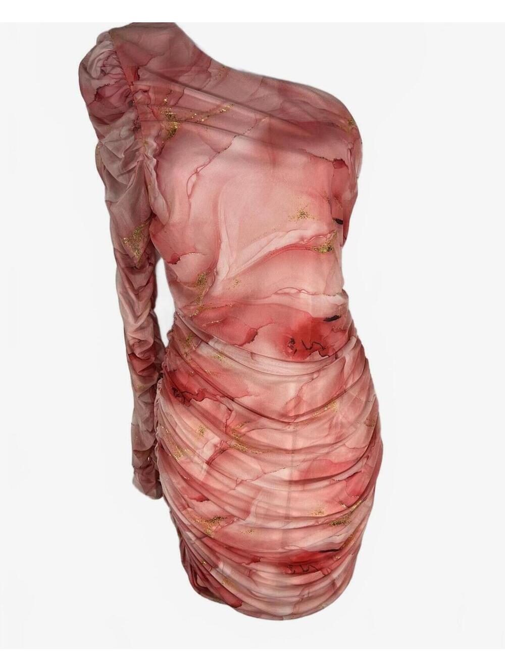 NWT Privy Pink Marble Ruched Mesh One-Shoulder Dress | Mermaidcore Fairycore L